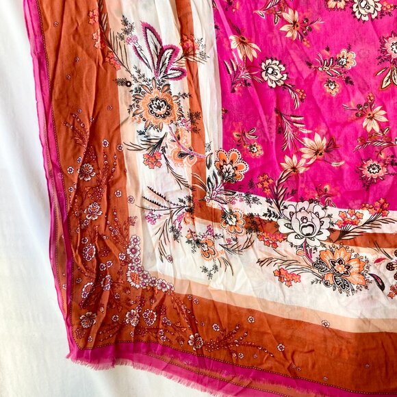 Ann Taylor Floral Flower Wrap Scarf Shawl Pink Orange Paisley Indian Lotus NWT - Picture 4 of 12
